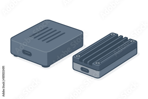 Isometric view of two small electronic enclosures with cooling fins and ports
