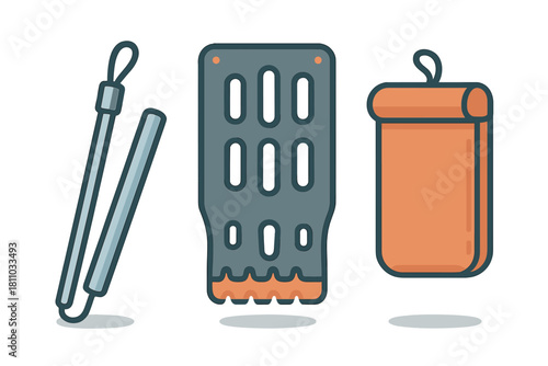 Camping tent stake remover tool and rolled mat icons set