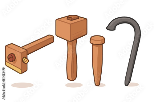 Isometric set of carpentry tools including wooden mallet, marking gauge, and pry bar