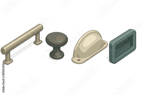Isometric assortment of cabinet and drawer hardware pulls and knobs