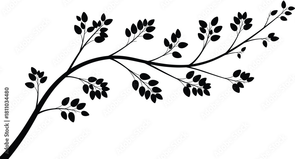 Naklejka premium Black silhouette of curved tree branch with leaves, decorative floral twig isolated on white background for nature design, cad drawing flat vector illustration