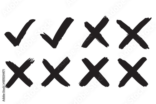 Hand drawn check tick mark icon set. x marks, checkboxes, and checklist symbols including right and wrong signs in brush marker style.