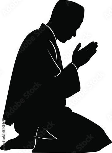 Black silhouette vector illustration of muslim man praying on knees, performing traditional islamic salah, spiritual religious worship concept, isolated on white background, ramadan kareem.