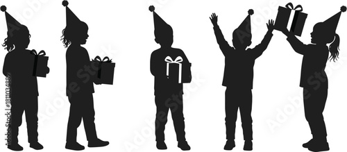 Children's Celebration Silhouette Vector Illustration, Happy Kids in Party Hats Holding Presents, Joyful Birthday or Holiday Scene Graphic for Card, Invitation, and Festive Event Design.