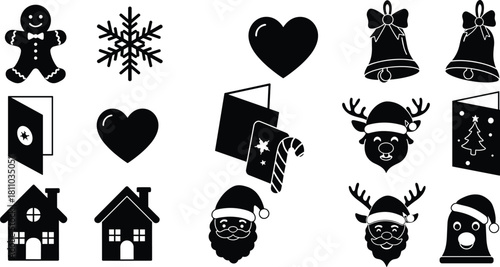 Christmas and Love Black Icons Vector Set, Festive Holiday Silhouette Collection with Gingerbread Man, Snowflake, Hearts, Bells, Santa Claus, Reindeer, and Greeting Cards for Design.