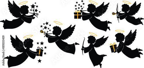 Christmas Angels and Holiday Decoration Silhouette Vector Set, Cherubs with Halos, Stars, Gifts, Stockings, Bells, Ribbons, Pine Branches, Ornaments, Festive Element Collection, Isolated.