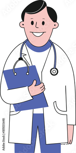 Smiling male doctor in a white coat holding a clipboard and stethoscope, ready for patient consultation.