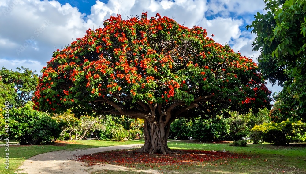 Naklejka premium Large tree in full bloom with vibrant red flowers and green foliage