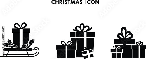 Christmas Gift Boxes and Sleigh Icon Silhouette Vector Set, Festive Holiday Graphic Design Elements Collection, Presents with Holly, Black Isolated Icons, Winter Season Decoration Pack, Simple.