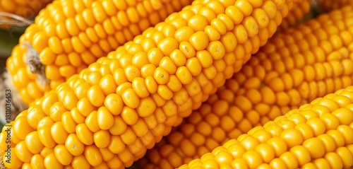 Close-up of sweet corn cobs, vibrant yellow kernels, fresh from the farm,  juicy,   farming