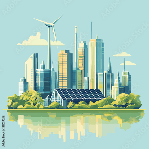 A futuristic cityscape powered by renewable energy with solar panels and wind turbines integrated into the architecture  , vector style simple color
