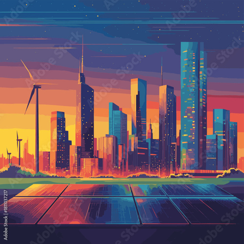 A futuristic cityscape powered by renewable energy with solar panels and wind turbines integrated into the architecture  , vector style simple color