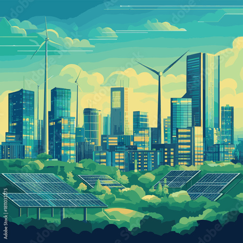 A futuristic cityscape powered by renewable energy with solar panels and wind turbines integrated into the architecture  , vector style simple color