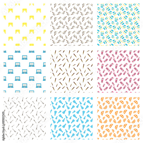 flat design set of school supplies with item of table, microscope, chair, laptop, pen, projector, caliper, measuring cup, protractor