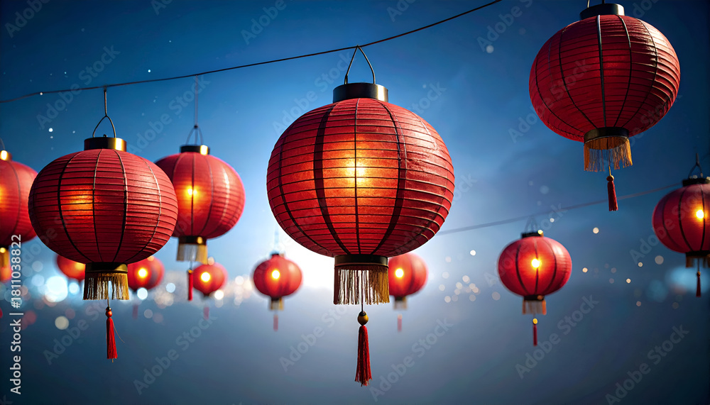 Obraz premium Numerous Red Chinese Lanterns Hanging Against a Dark Blue Sky with Sparkling Bokeh Lights, Festive Celebration.