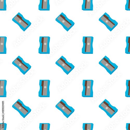 flat design pattern of of a pencil sharpener. It has a blue body with a wavy or ergonomic shape, a grey metal blade cover, and a circular hole for sharpening pencils