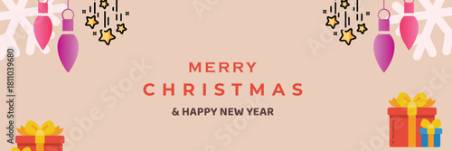 Spread holiday cheer with this adorable Merry Christmas and Happy New Year design featuring festive ornaments, snowflakes, and gifts, perfect for cards and invitations
