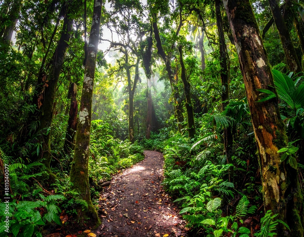 Obraz premium Lush trail winding through a verdant rainforest, sunlight filtering down