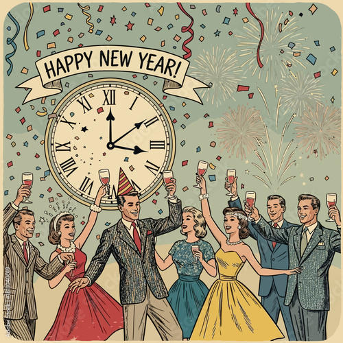 Vintage illustration of a New Year's Eve celebration with people toasting and fireworks.
