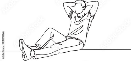 Minimalist single line art drawing of a casual man relaxing or taking a break isolated on white