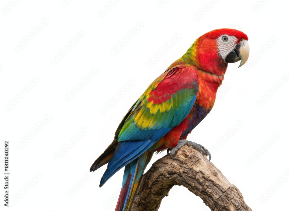 Fototapeta premium Beautiful Colorful Macaw Parrot Perched on Branch Isolated on White