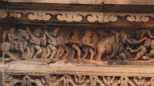 Beautiful stone sculptures at the temple, within the Khajuraho Group of Monuments in the Chhatarpur district, Madhya Pradesh, India, Asia its an a UNESCO World Heritage Site.