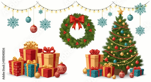 A festive Christmas scene featuring a decorated tree, gift boxes, and a wreath, adorned with twinkling lights and snowflakes.