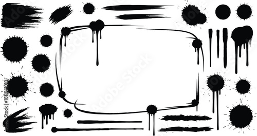 Mega bundle of different ink brush strokes:rectangle,square and round freehand drawings.Ink splatters,grungy painted lines,artistic design elements