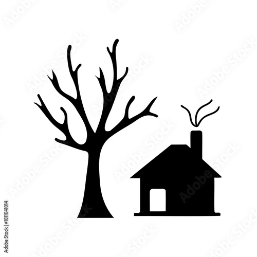 Bare tree and house silhouette with chimney smoke icon Vector