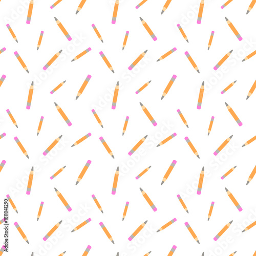 flat design pattern of a pencil. It has an orange body, a sharpened grey tip, and a pink eraser at the top, held by a grey band. All elements are outlined in dark brown