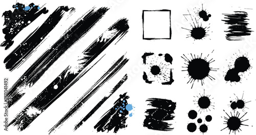 Mega bundle of different ink brush strokes:rectangle,square and round freehand drawings.Ink splatters,grungy painted lines,artistic design elements
