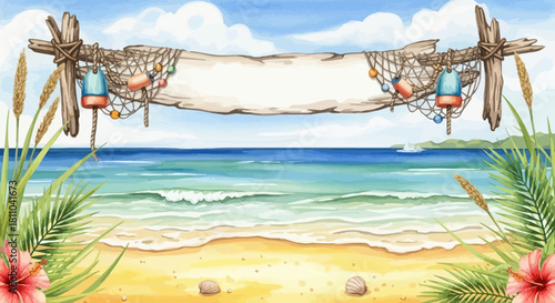 Beach scene with wooden sign and ocean