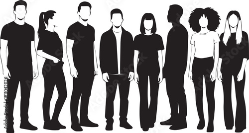 Diverse group of standing people silhouettes isolated for crowd or profile design element