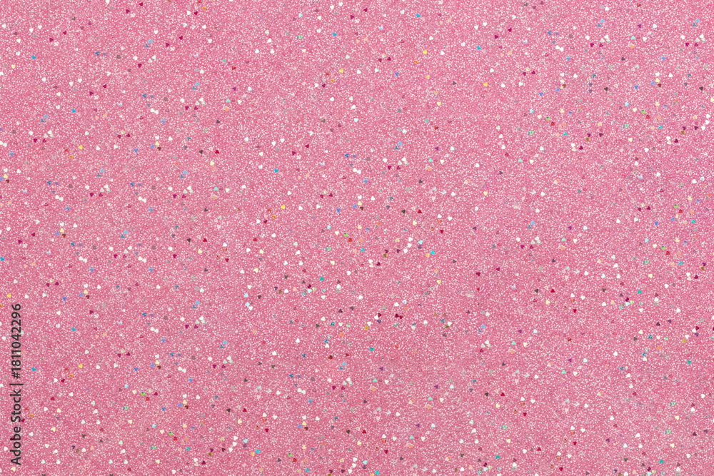 Fototapeta premium 小さなハート型ラメが輝く鮮やかなピンクのグリッター背景テクスチャ-Vibrant Pink Glitter Background Texture with Small Heart Shaped Shimmer