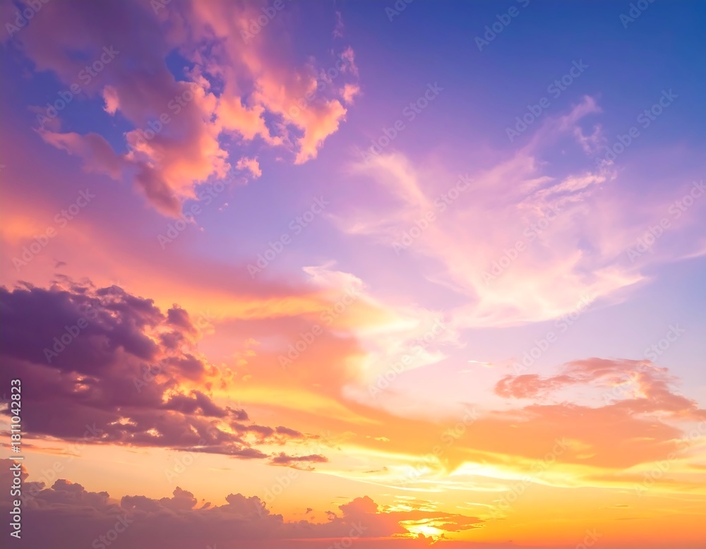 Obraz premium Vivid sunset featuring a brilliant display of color. Wispy clouds are highlighted by golden hues, blending with purple and blue tones