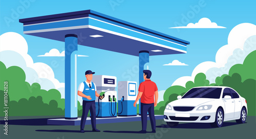 Gas Station Attendant Helping Customer Refuel Car with Petroleum at Service Station
