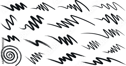 Vector hand drawn charcoal pencil squiggles, rough brush strokes, scribbles, bold zigzag line and swirls. Crayon doodle wavy strip, chalk smears, curly underlines.