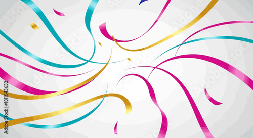 Colorful ribbons of various hues swirl and float against a plain white background, creating a festive visual.