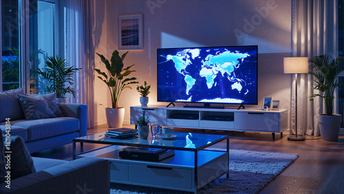 Relaxing evening in a modern living room with tv displaying world map cozy ambiance stylish decor