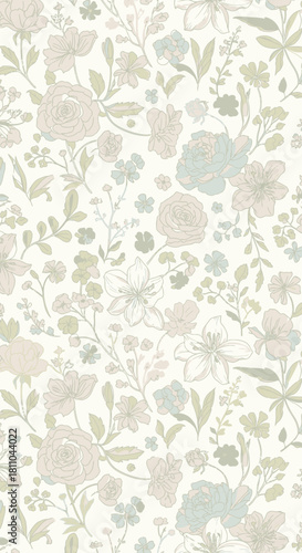 A delicate and seamless floral pattern with soft, muted beige, green, and blue flowers on a cream background.