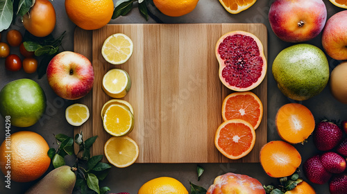 Fototapeta Naklejka Na Ścianę i Meble -  Fresh colorful fruits arranged around a blank wooden cutting board
