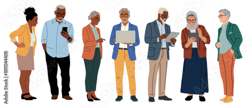 Set of diverse senior business professionals standing, using smartphones, tablets, and laptops, modern style. Flat vector illustration isolated on transparent background