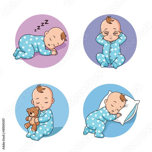Adorable baby in blue pajamas in various poses, sleeping, holding teddy bear, on pillow