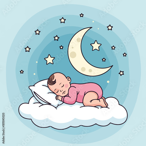 A sweet baby sleeping peacefully on a cloud under a starry night sky with a crescent moon