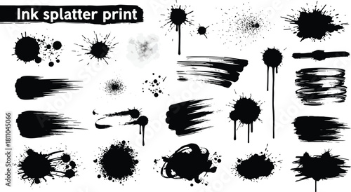 Grunge ink splatter. Splash of paints, spray drops staining and frame with wet paint drop traces vector set. Illustration splash and drip design, silhouette blob spray collection