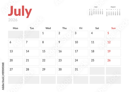 Monthly page Calendar Planner Template design of July 2026. Vector layout of calendar with week start Monday for Scheduling. Page for size A4 or 21x29.7 cm
