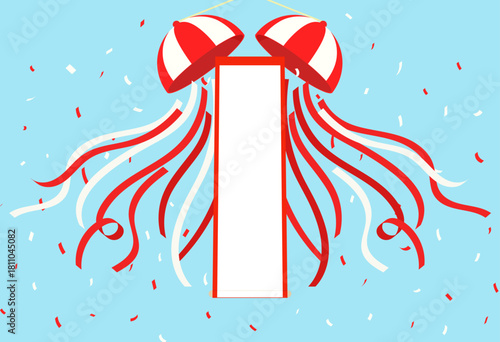 垂れ幕付きの紅白のくす玉のイラスト