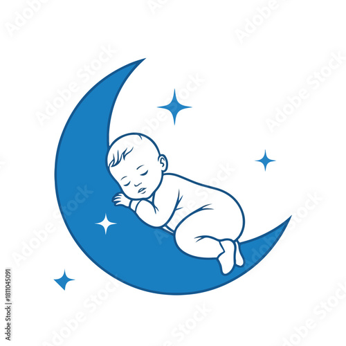 A peaceful baby sleeping soundly on a crescent moon surrounded by twinkling stars, symbolizing dreams and tranquility