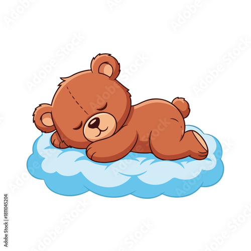 Cute teddy bear sleeping soundly on a fluffy blue cloud, representing peaceful dreams and comfort