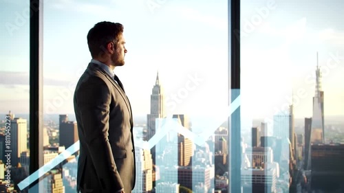 Businessman in a suit gazing at a city skyline with rising graph